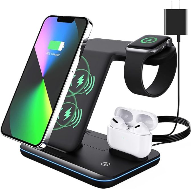 3-in-1 Wireless Charging Station: Qi Charger for Apple Watch (Series 7/6/SE/5/4/3/2/1), AirPods (Pro/3/2/1), iPhone 13/12/11 Pro MAX Series/XR/XS MAX/XS/X/8/8P (Watch Charging Line Not Included)