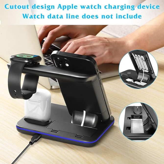 3-in-1 Wireless Charging Station: Qi Charger for Apple Watch (Series 7/6/SE/5/4/3/2/1), AirPods (Pro/3/2/1), iPhone 13/12/11 Pro MAX Series/XR/XS MAX/XS/X/8/8P (Watch Charging Line Not Included)