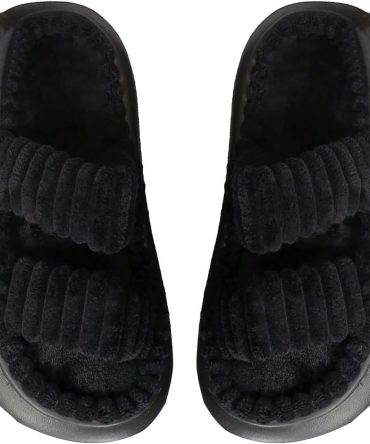 OYOANGLE Women's Fuzzy Slippers Double Strap Memory Foam Open Toe Platform Bedroom House Shoes Outdoor